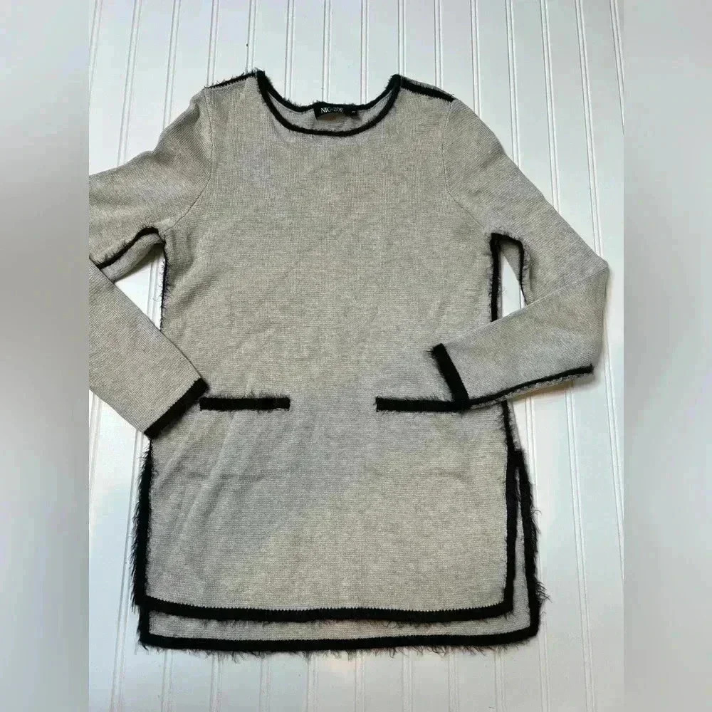 Nic+Zoe Rainy Day Womens Small Tunic Sweater Pockets Fuzzy Trim. 312